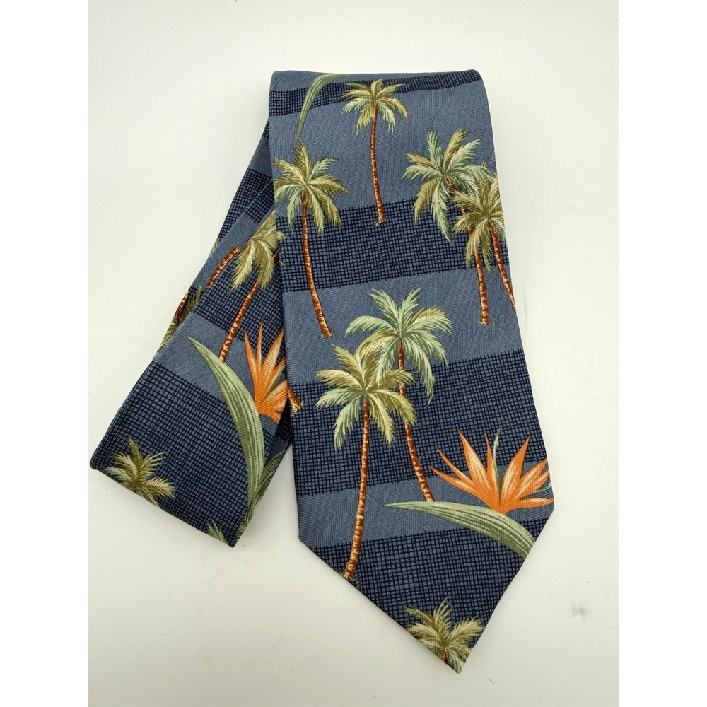 Tommy Bahama Silk Tie Blue Orange Hawaiian Floral Tropical Palm Trees Necktie